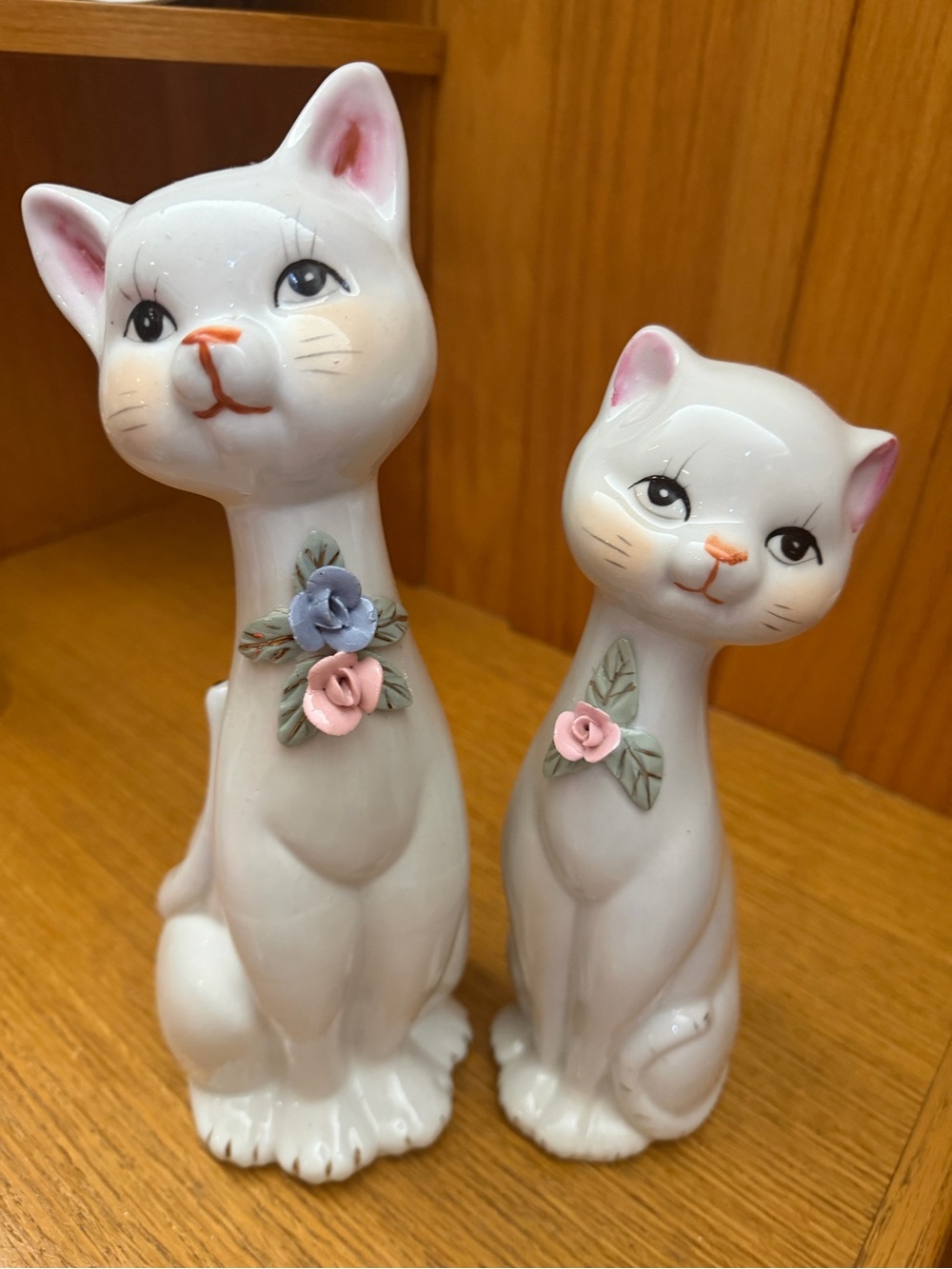 MCM Decorative White Ceramic Cat Figurines with Pink Accents - Pet Home Décor